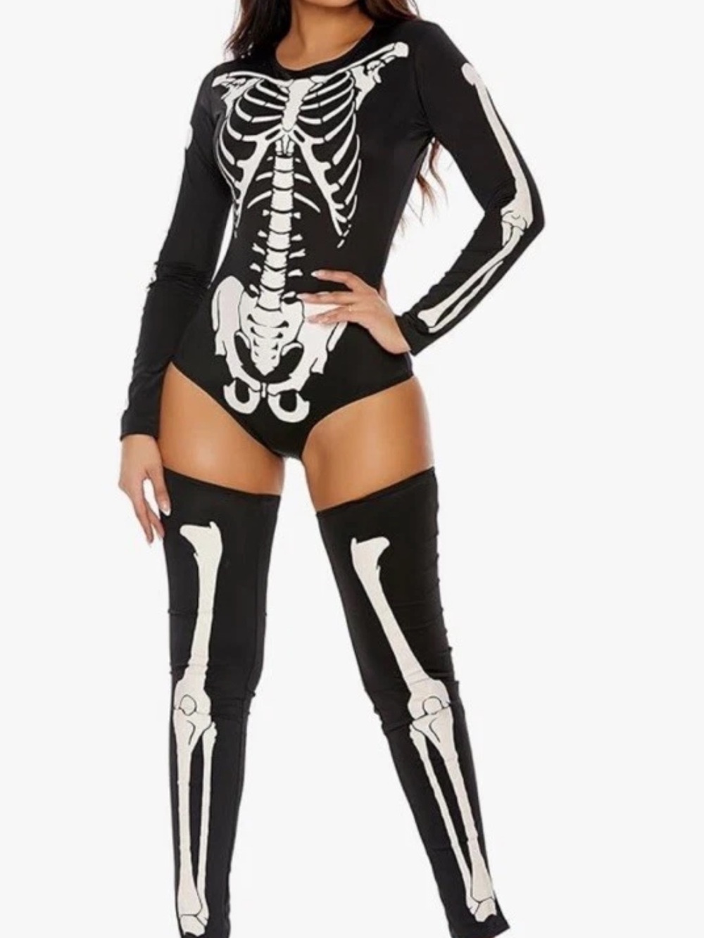 Forplay Costume Skeleton Print Long-Sleeve Bodysuit & Thigh-High Set - Small